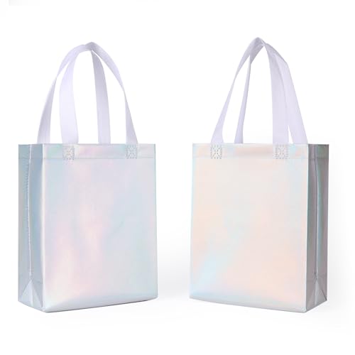 DELICAT 15 Pcs Iridescent Glossy Gift Bags with Handles 8x4x10 InchHolographic Reusable Gift Bags Medium Size & Sturdy Base Holiday Goodie Bag suitable for BirthdayParty FavorsWeddingBaby Shower
