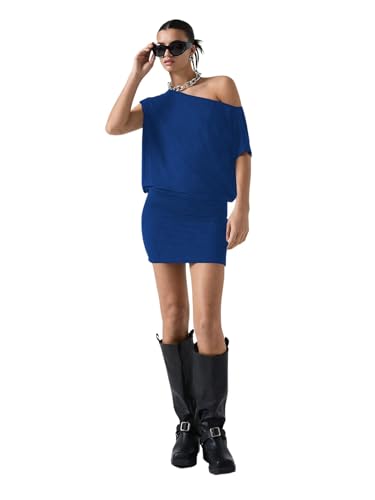 Image of SOLY HUX Women's Off The Shoulder Mini Dress Going Out Asymmetrical Neck Short Sleeve Casual Bodycon T Shirt Dresses