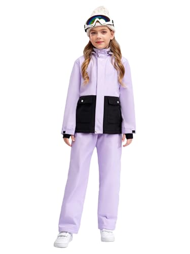 JEATHA Kids Girls Boys 2 Piece Waterproof Snowsuits Stand Collar Hooded Jacket Outerwear with Winter Pants Set