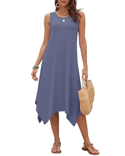 Image of AUSELILY Women's Summer Dresses Casual Sleeveless Midi Dress with Pockets | Crew neck tank dress with asymmetrical hem, ideal for beach, vacation, and daily wear