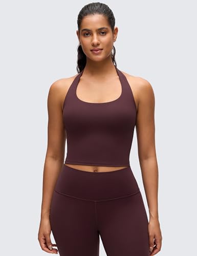 Image of CRZ YOGA Butterluxe Halter Crop Tank Tops | Light Support, Removable Pads, Yoga, Extremely Soft, Open Back, Longline Sports Bras for Women