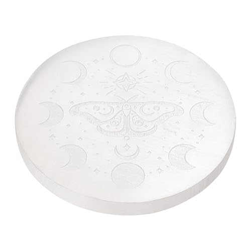 FINGERINSPIRE Piastra di Ricarica in Cristallo di Selenite per Cristalli e Pietre Curative 85x8.5mm Lastra di Cristallo in Gesso Rotonda con Falena e Fase Lunare per Casa Purificazione Energetica