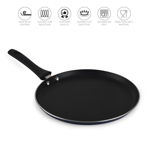Image of CELLO Platina Aluminium Non-Stick Induction Base Dosa Tawa 28CM with Bakelite Handle, Blue | Heavy Base, PFOA Free & Dishwasher Safe, Gas Stove & Induction Compatible | Perfect for Roti Dosa Chila