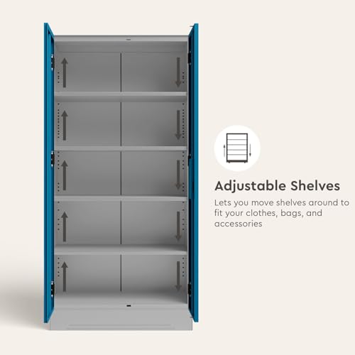 Image of Interio by Godrej Wardrobe Slimline 2 Door Steel Almirah (Digital Printed Teal Blue and Royal Ivory) Wardrobe for Clothes, 1 Year Warranty, 4 Shelves