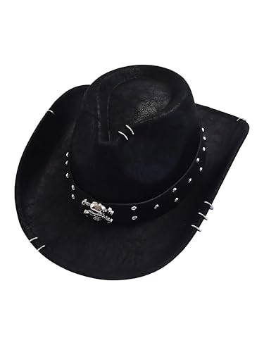 Faux Leather Gothic Cowboy Hat for Adults – Wide Brim Western Cattleman Style with Studded Skull Band (US, Alpha, One Size, Black)