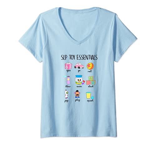 Womens Slip Toy Essentials SLP Speech Pathologist Speech Therapy V-Neck T-Shirt