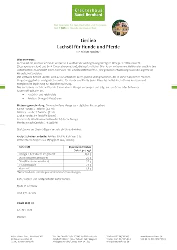 Premium Lachsöl für Hunde & Pferde| Omega 3-6-9 | Atlantischer Lachs aus Norwegen | 1 Liter | Sanct Bernhard tierlieb