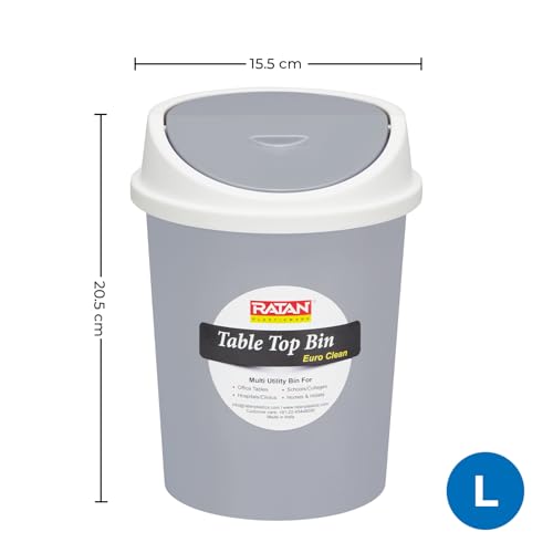 Image of RATAN PLASTICWARE Euro Clean Table Top Medium Dustbin with Swing Lid for Study Table, Desk, Kitchen Sink, Car, Kids Room | Compact and Stylish Waste Storage Garbage Bin - 2 Litre, Grey