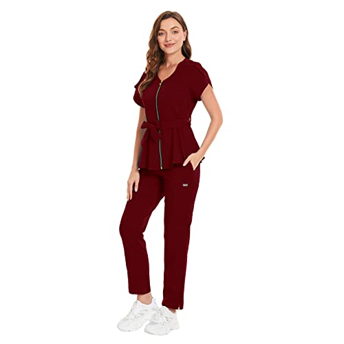 niaahinn Scrub Set for Women Medical Uniform Scrub Top & Pants with Zipper Drawstring Pants Nursing Dental Workwear (Burgundy,XL,X-Large)