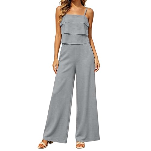 Traje de verano de dos piezas para mujer con camiseta de tirantes y pantalones de pierna ancha
