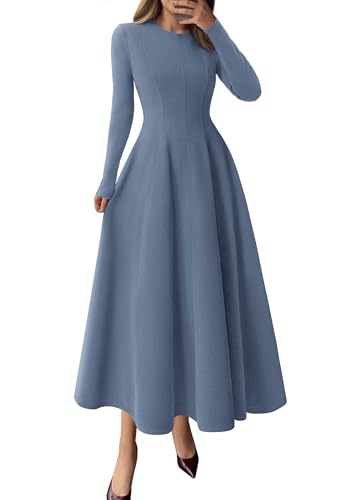 PRETTYGARDEN Cocktail Dresses for Women 2025 Elegant Classy Fall Long Sleeve Midi A Line Flowy Modest Winter Party Dress (Dusty Blue,Small)