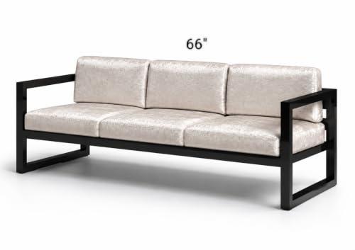 Image of Modern 3-Seater Outdoor Sofa with White Cushions, Black Metal Set Upon a Sturdy Black Metal Geometric Base Frame.