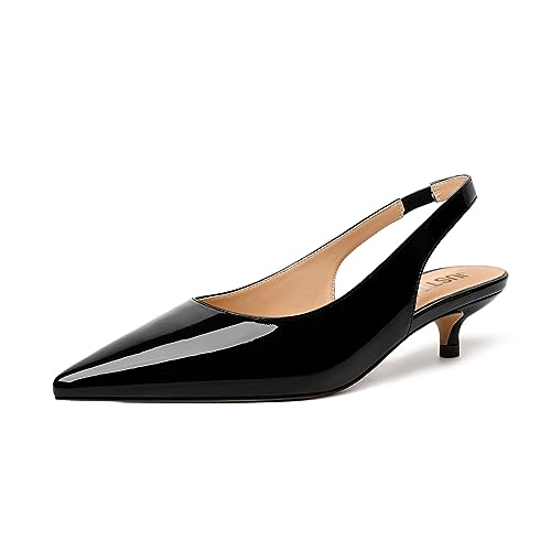 JUSTDANNI Womens Slingback Pointed Toe Comfortable Wedding Elastic Dress Patent Kitten Low Heel Pumps Shoes 1.5 Inch