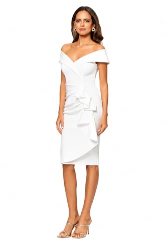 Image of Xscape Women's Bodycon Midi Off-The-Shoulder Ruffle Dress with Center Back Zipper, Petite & Plus Size