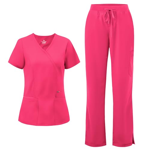 COZYFIT Scrubs for Women - Mock Wrap Top & Straight Leg Pants with 6 Pockets, Back Princess Seams, Soft Fabric Medical Scrubs Set Workwear for Women, Hot Pink, M