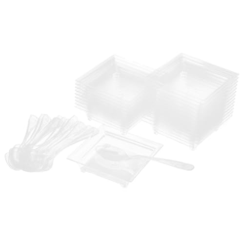 BIUDECO 100個クリアスクエアスナックトレイ ミニデザートプレート プラスチック製 小皿とスプーン付き パーティーや結婚式のカップケーキ用