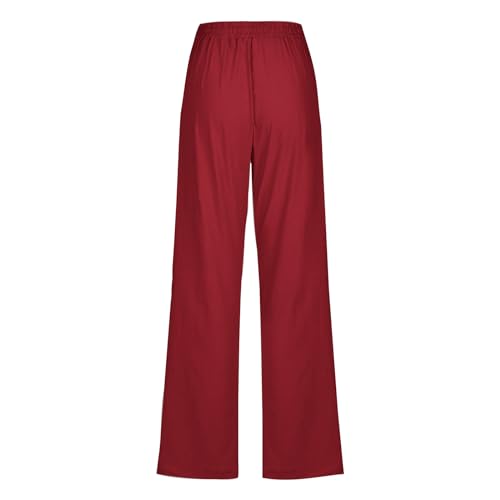 Womens Linen Cotton Pants Drastring Waist Solid Color Loose Pants with Pockets Straight Wide Leg Trousers Casual L-6583