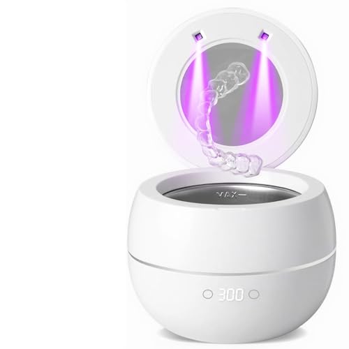 Image of Dental Ultrasonic Retainer Cleaner Machine: 45kHz Dental Cleaning Pod for Denture, Aligner, Mouth Guard, Night Guard, Braces & Jewelry, UV Denture Cleaner with Digital Timer & Dual Mode 250ML White
