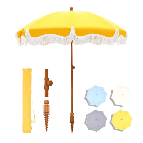 MFSTUDIO 7ft Beach Umbrella with Fringe, Tassel Umbrellas UPF50+ with Tilt Button & Crank, Holiday Outdoor Umbrella with Carry Bag, Ideal for Garden Lawn Poolside, Yellow