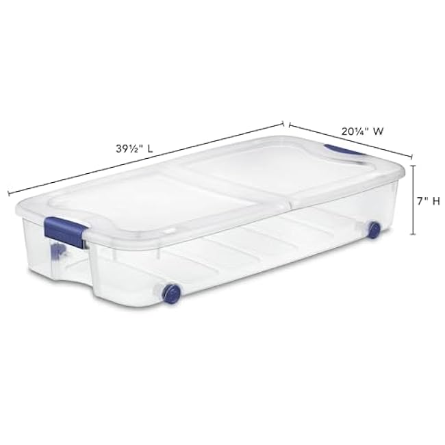 Blue Large Storage Bin, 66 Quart Clear Underbed Storage Container with Latch Lid and Wheels