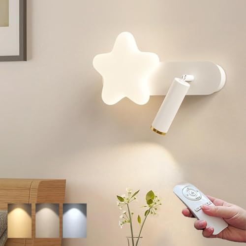 LED Interior Apliques de Pared Regulable Lámpara de Pared con Mando a Distáncia Luz Nocturna con Forma de Estrella Foco Giratorio 360° Moderna Habitación de Bebé Iluminación Dormitorio Sala de Estar