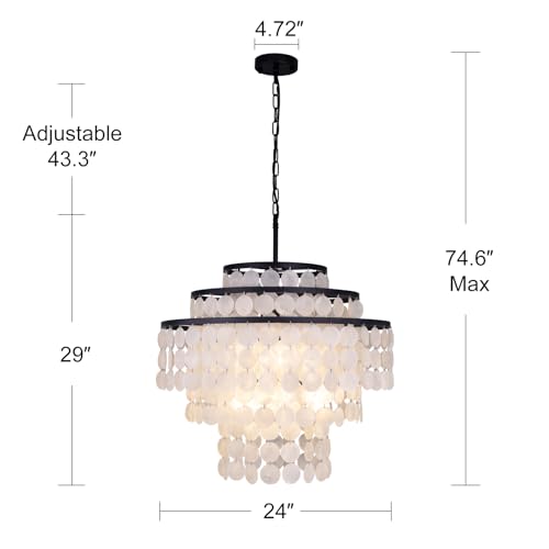 Wellmet 24 Inch Capiz Shell Chandelier, 6 Lights Coastal Bathroom Lighting Fixture, Natural Sea Shell Pendant Lighting for Dining Room, Kitchen Island, Living Room, Bedroom, Foyer, Bedroom Chandelier - Image 2