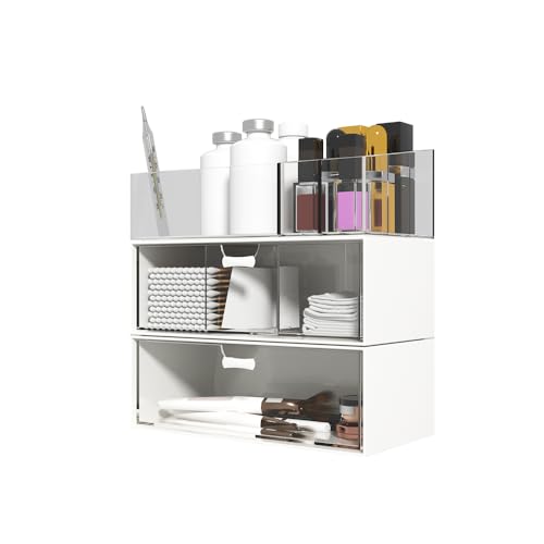 viechanro 3 Pack Medicine Cabinet Organizer, Plastic Stackable Storage with 2 Drawers, Bathroom Mirror Cabinet Organizer for Wall Cabinet, Vanity, Countertop, White Transparent (Cabinet's Deep?4