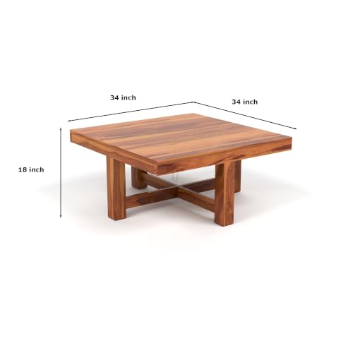 Image of ONIJA Solid Sheesham Wood Coffee Table with 4 Stools | Rosewood Centre Table with Cushioned Stool for Living Room (Urban, Honey Finish)