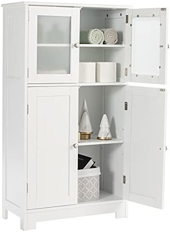 LOKO Bathroom Floor Cabinet, Freestanding Storage Cabinet w/Glass Doors, Wooden Kitchen Cupboard w/Adjustable Shelf, Versatile Floor Storage Cabinet for Bathroom, Living Room & Kitchen (White)