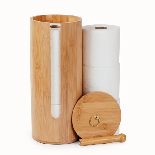 Gobam Bamboo Toilet Paper Storage with Dual-Use Lid Freestanding Bathroom Tissue Organizer with Viewing Slot Built-In Handle Anti-Slip Base Compact Toilet Paper Holder Stand for up to 3 Mega Rolls