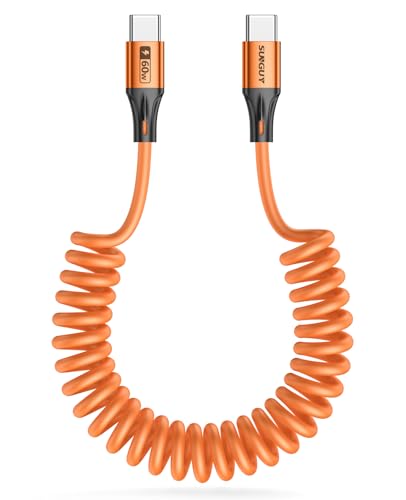 SUNGUY Câble spiralé USB C vers USB C, 2 pièces de 1,8 m【0,5 m-1,2 m】 Câble de recharge 60 W pour Android Auto, i-Phone 17 16 15 Pro Max, Galaxy...