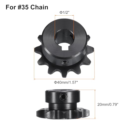 Image of uxcell #35 Chain Roller Sprocket B Type, 1 /2 inch Bore 12 Tooth Single Strand Chain Sprocket, Carbon Steel, Keyway with Set Screws