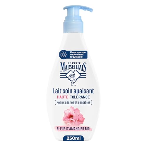 Le Petit Marseillais – Lait Soin Apaisant Haute Tolérance Fleur d'Amandier Bio (flacon-pompe de 250 ml) – Lait corps pour peaux sèches et sensibles – 95% d'origine naturelle et 48 h de confort