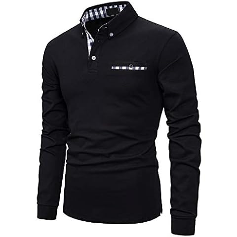 AIOIDI Men's Casual Polo Shirts Long Sleeve Striped Collar T-Shirts with Pocket,B-Black,M Cover