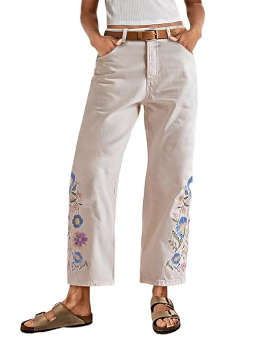 Flamingals High Waisted Cotton Straight Leg Pants for Women Boho Floral Embroidery Summer Pants