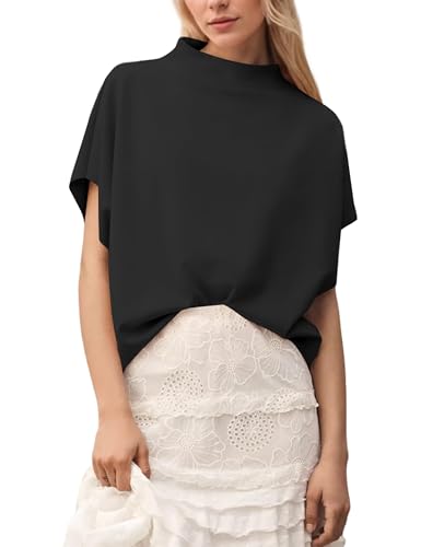 MISSACTIVER Women’s Casual Mock Neck Batwing Tee Top Short Sleeve Drop Shoulder Solid Color Baggy Tshirt Summer Outfits