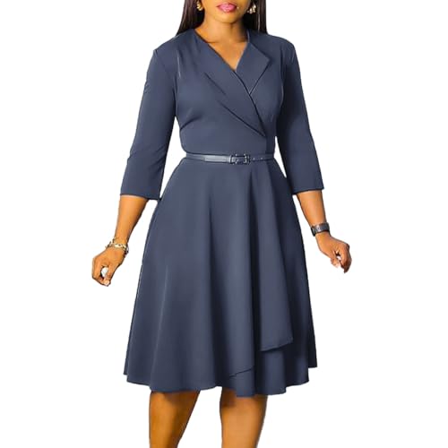 Image of Elainone Women 3 /4 Sleeve Casual Swing Flared A Line Dress Wedding Guest Semi Formal Office Work Dresses with Belt