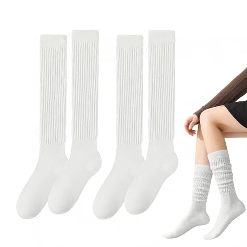 SEFIRST 2 Pares Calcetines Largos Mujer, Calcetines Altos Termicos, Calcetines para Botas Calcetine Slouch Estirable, Calcetine Largos para Algodón Calcetines Hasta la Rodilla, Blanco