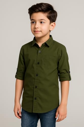 Image of Boys Kids Olive Green Cotton Shirt, Long Roll-Up Sleeves, Party, Age 2-5 Years