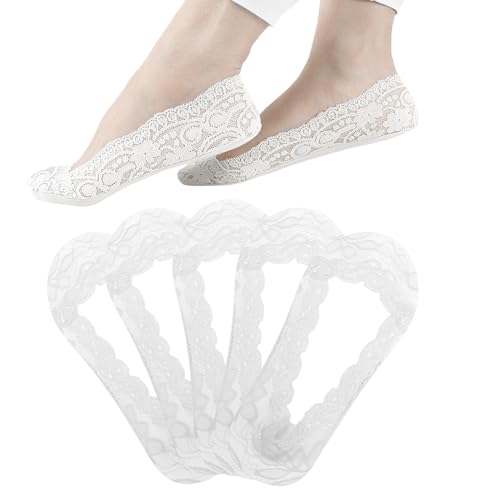 WKRTDY 5 Paar Söckchen Spitze für Damen, Füßlinge Ballerina Socken Damen, Atmungsaktiv Unsichtbare Sneaker Socken Damen, No Show Rutschfeste Füsslinge mit Siliconpad, No Show Atmungsaktiv Halbsocken