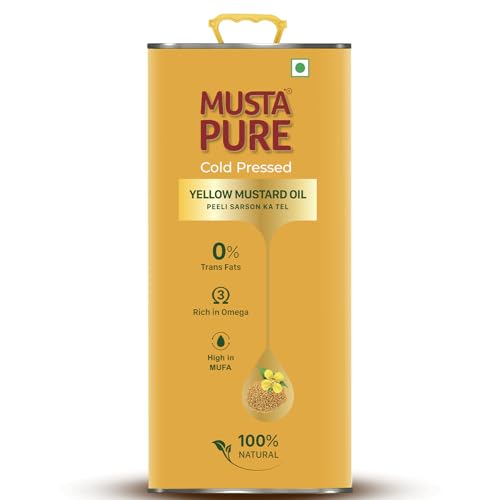 Image of Musta Pure Cold Pressed Yellow Mustard Oil 5 Litre Cooking Oil, Unrefined, Naturally Cholesterol Free, A1 Grade Real Mustard Seeds For Natural Aroma & Flavour For Roasting, Frying, Baking - Tin