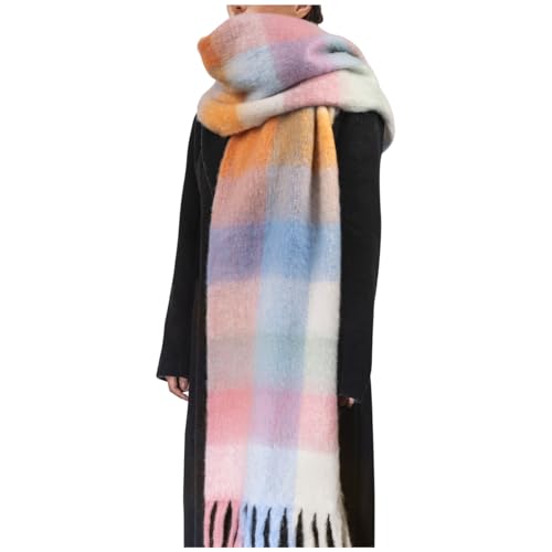 Womens Scarf Winter Big Colorful Checked Thick Warm Soft Scarves Casual Tassel Blanket Scarf
