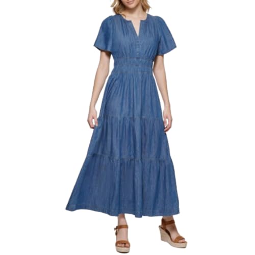 Image of Tommy Hilfiger Women's Short Sleeved Ruched Waist Denim Tiered Midi Dress
