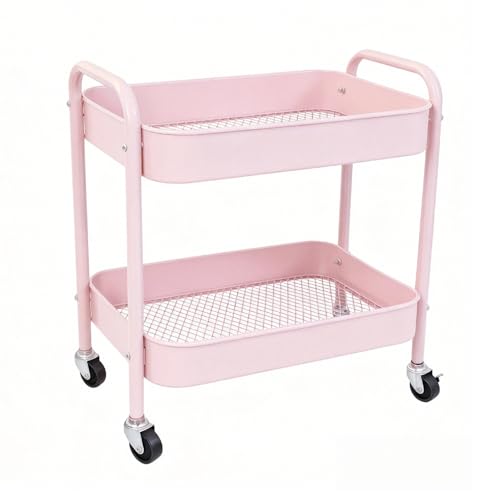 Image of Pink 2 Tier Rolling Cart Metal with Wheels Under Desk Storage Cart for Small Space Organization, Small Trolley for Pantry Room Laundry Bathroom Kitchen Office Art Snack Baby Supplies