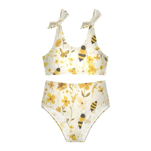 KLL Embroidery Bee Butterfly Flowers Watercolor Girls Two Piece Bikini Sets Quick-Dry Swimming Swimwear Bathing Suit3