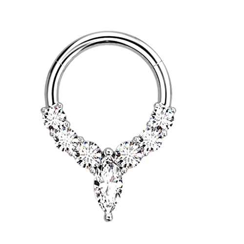 Tata Gisèle Piercing Anneau pour Cartilage Nez en Acier Chirurgical 316 L et Oxydes de Zirconiums - Créole avec Zircons en Façade et Marquise Centrale - (Argenté/Clair)