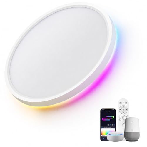 LuminexDesigns Plafonnier LED Dimmable Smart 24W avec Télécommande et Contrôle WIFI – Lampe de Plafond Ultra Plate avec Rétroéclairage RGB, Compatible...