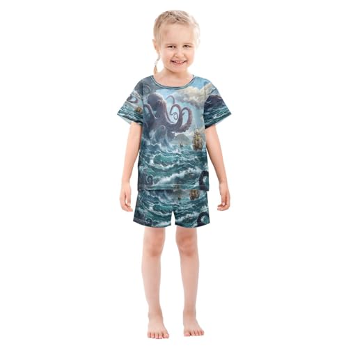 ALAZA Octopus Boats Ocean Fantasy Pajamas Set Short Sleeve Cotton Sleepwear Summer Pjs 2 Piece 5-14Y3