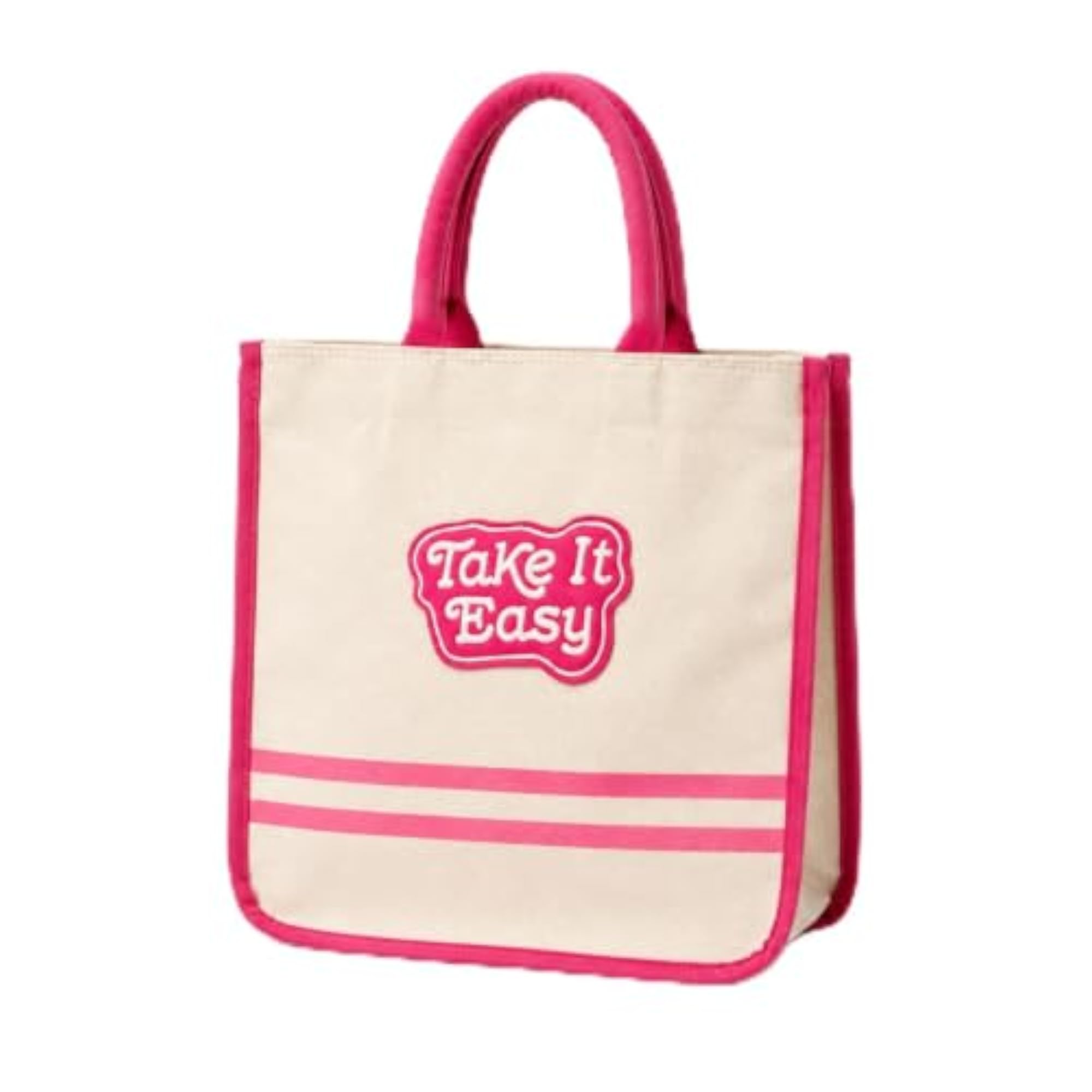 Canvas Tote Bag with 'Take It Easy' Patch, Pink Trim