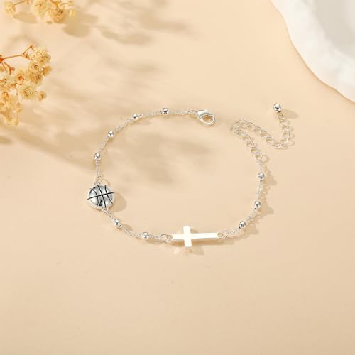 Image of Softball /Volleyball /Soccer /Basketball Football Bracelet for Girls Women, 14K Gold Plated Cross Link Chain Sport Accessories Christian Jewelry Gifts for Teens Team Coach Players